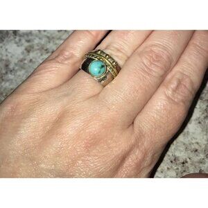 Hammered Silver 925 Brass Accents Faux Turquoise? Stone Ring sz 7 Wide Band